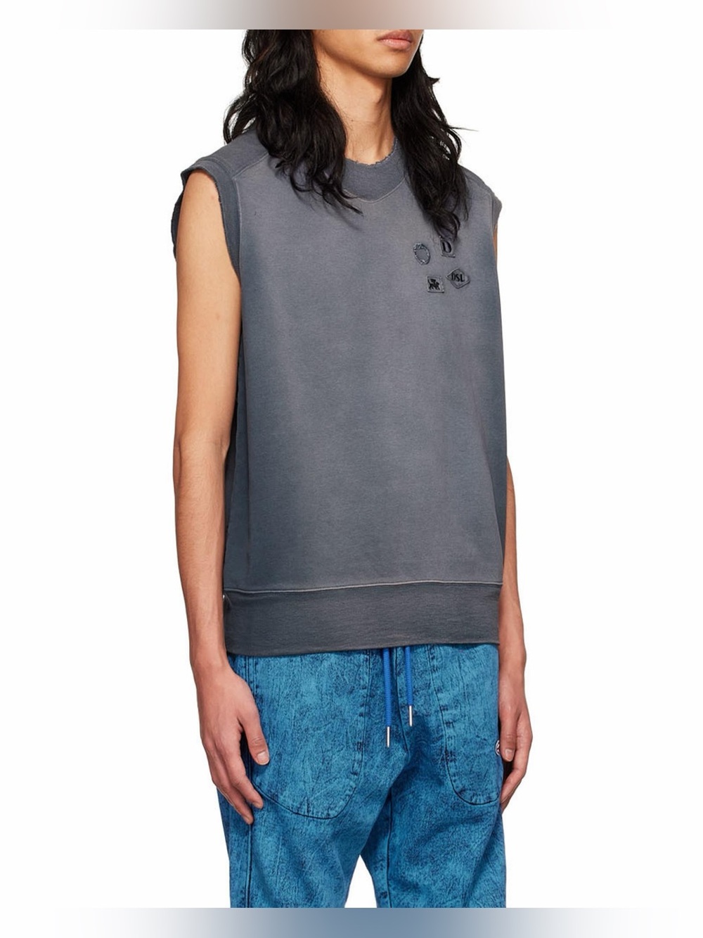 DIESEL Blue/Gray Logo Patch Tank Top Distressed Sleeveless Ribbed Hem size M